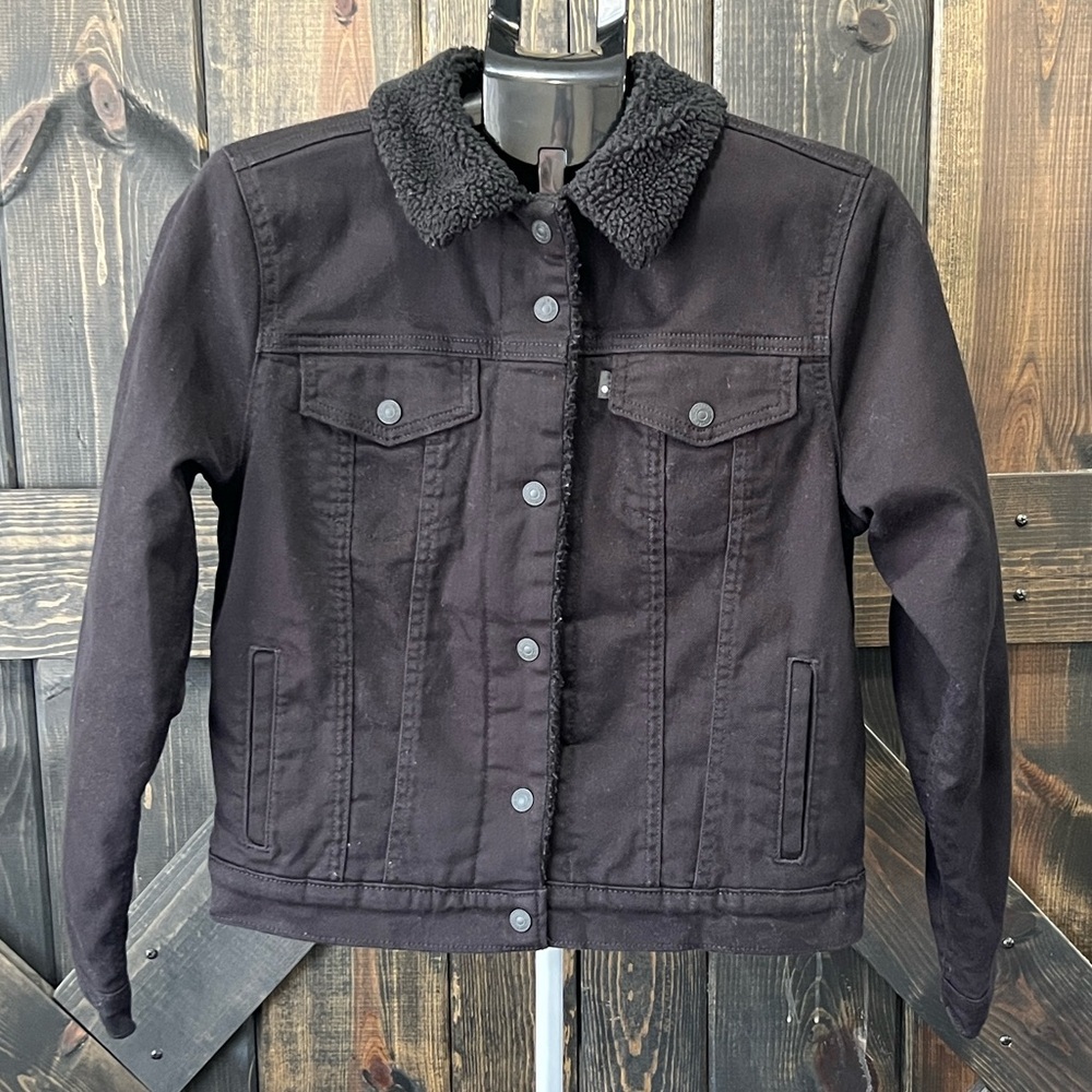 Levis Original Black Sherpa Trucker Jacket L Denim Jean Coat Faux Shearling Crop